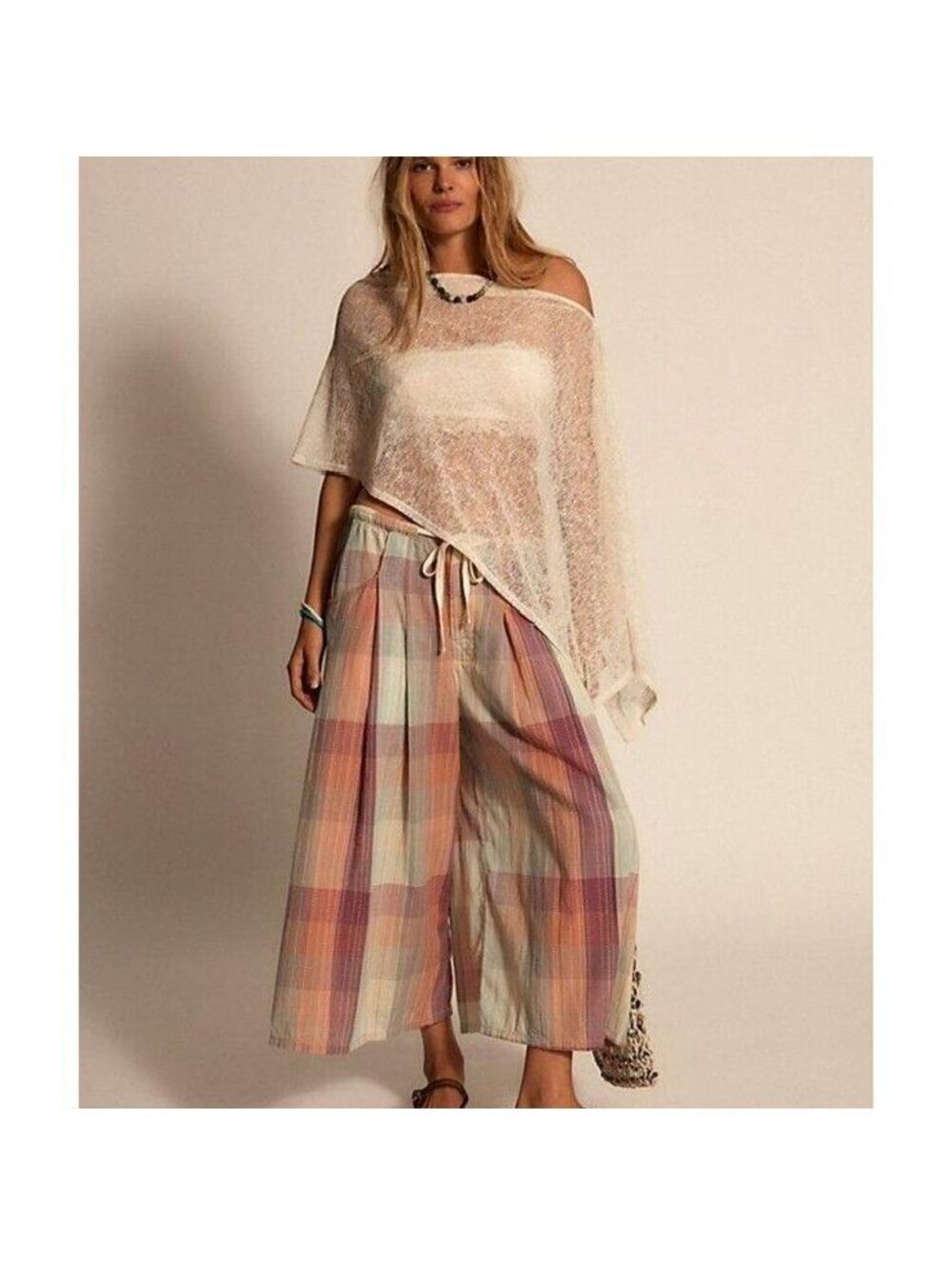 Free People Telluride Plaid Wide Leg Crop Madras 100% Cotton Pants S